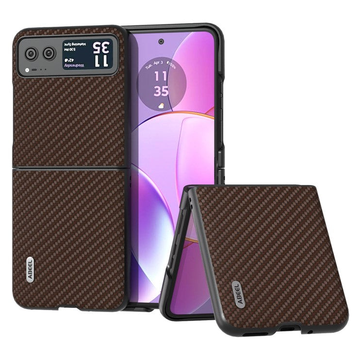 ABEEL Phone Case for Motorola Razr 40 5G Carbon Fiber Texture PU Leather Coated PC Cover - Brown