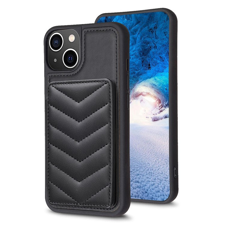 BF26 For iPhone 14 Plus Shockproof TPU+PU Leather Phone Cover Wave Stitching Card Holder Kickstand Phone Shell Case - Black