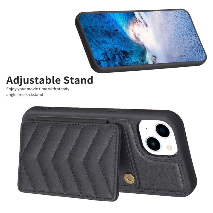 BF26 For iPhone 14 Plus Shockproof TPU+PU Leather Phone Cover Wave Stitching Card Holder Kickstand Phone Shell Case - Black