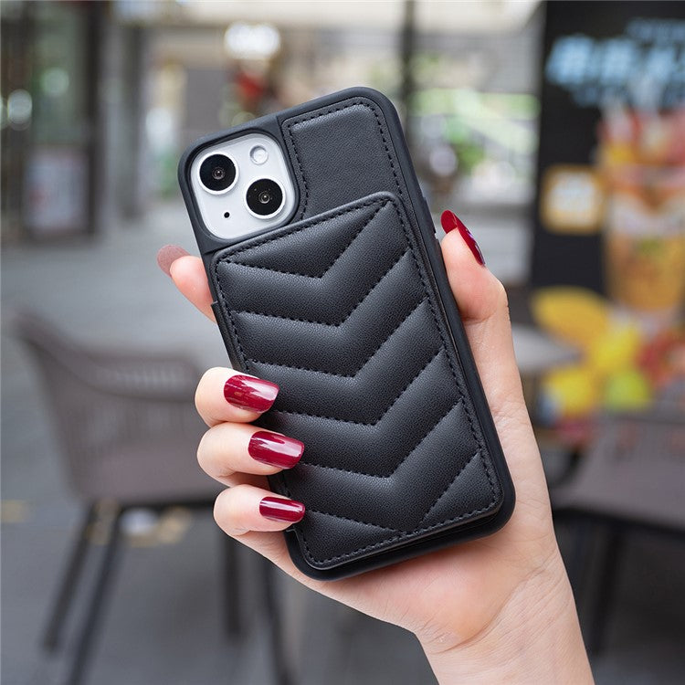 BF26 For iPhone 14 Plus Shockproof TPU+PU Leather Phone Cover Wave Stitching Card Holder Kickstand Phone Shell Case - Black