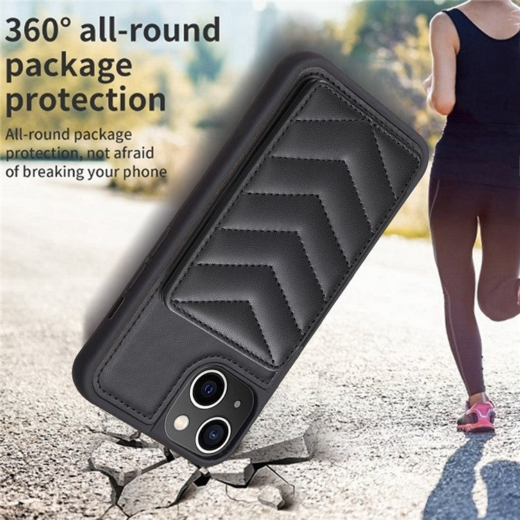 BF26 For iPhone 14 Plus Shockproof TPU+PU Leather Phone Cover Wave Stitching Card Holder Kickstand Phone Shell Case - Black