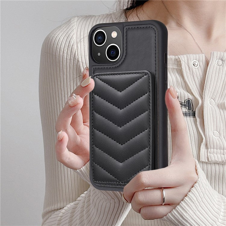 BF26 For iPhone 14 Plus Shockproof TPU+PU Leather Phone Cover Wave Stitching Card Holder Kickstand Phone Shell Case - Black