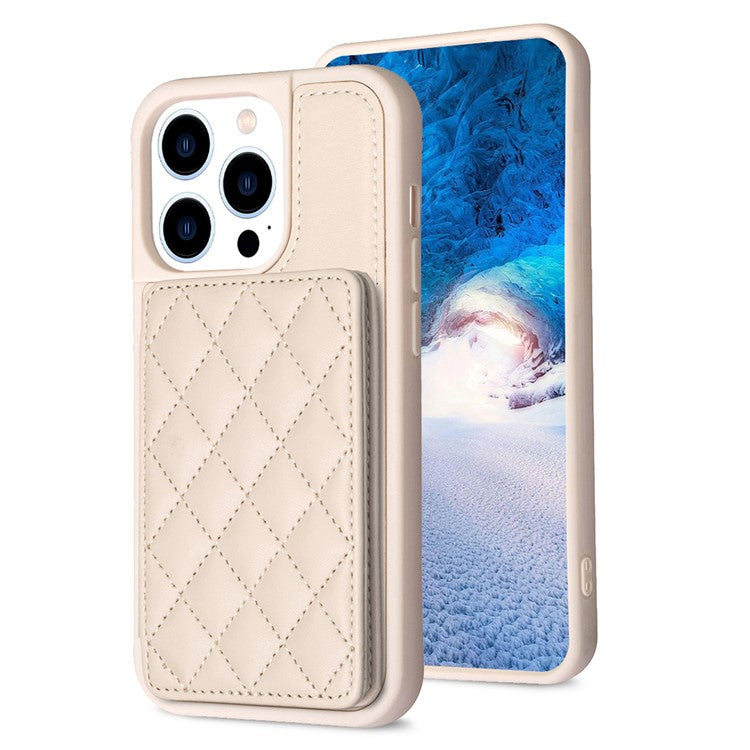 BF25 Leather Coated TPU Cover for iPhone 14 Pro , Card Slots Fall Proof Phone Case with Kickstand - Beige