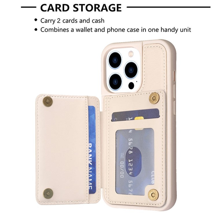 BF25 Leather Coated TPU Cover for iPhone 14 Pro , Card Slots Fall Proof Phone Case with Kickstand - Beige