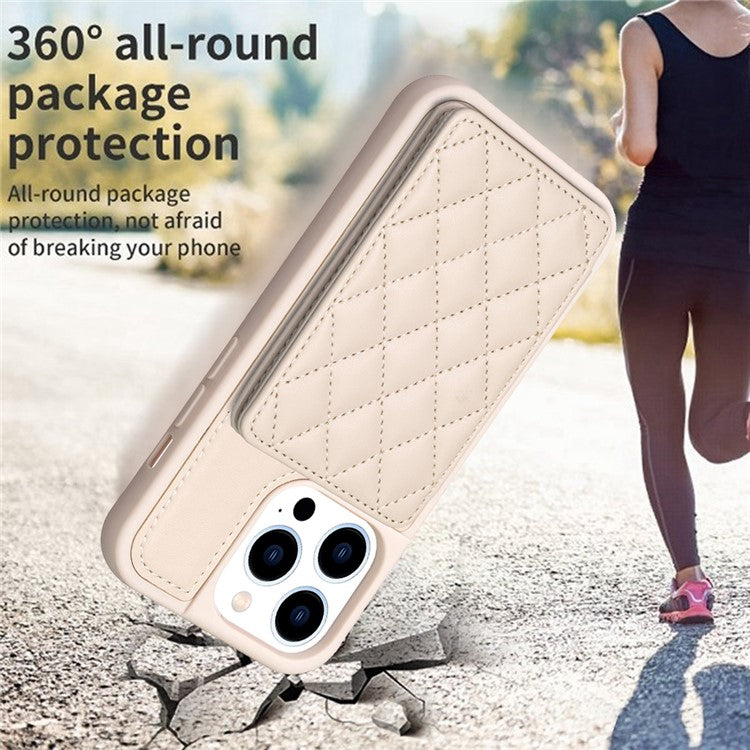 BF25 Leather Coated TPU Cover for iPhone 14 Pro , Card Slots Fall Proof Phone Case with Kickstand - Beige