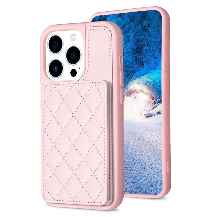 BF25 Leather Coated TPU Cover for iPhone 14 Pro , Card Slots Fall Proof Phone Case with Kickstand - Pink