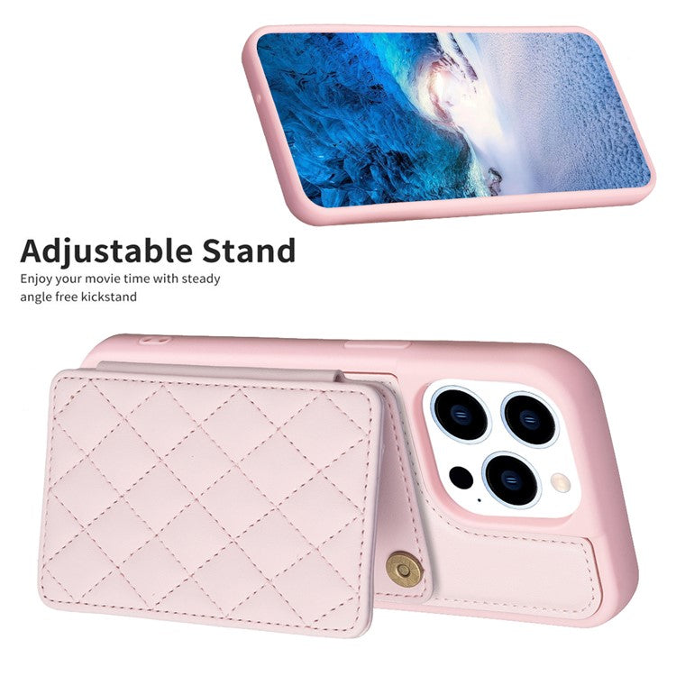 BF25 Leather Coated TPU Cover for iPhone 14 Pro , Card Slots Fall Proof Phone Case with Kickstand - Pink