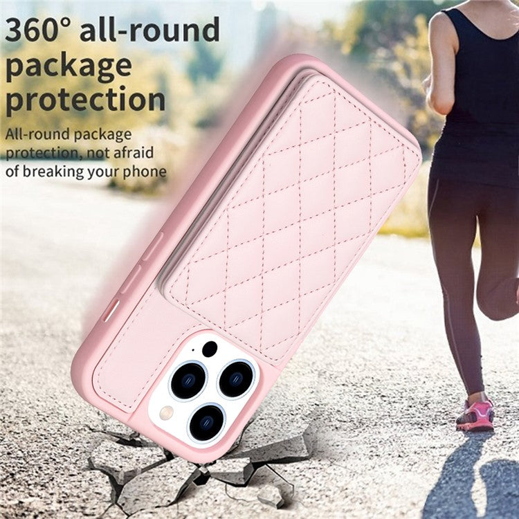 BF25 Leather Coated TPU Cover for iPhone 14 Pro , Card Slots Fall Proof Phone Case with Kickstand - Pink