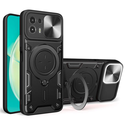 Back Cover for Motorola Edge 20 Lite Slide Camera Lid PC+TPU Phone Case with Ring Kickstand - Black