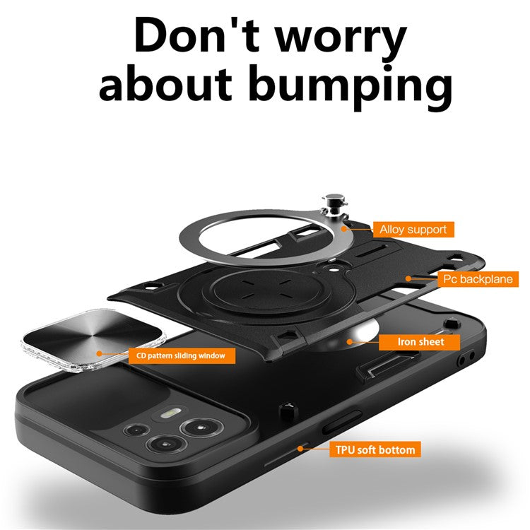 Back Cover for Motorola Edge 20 Lite Slide Camera Lid PC+TPU Phone Case with Ring Kickstand - Black