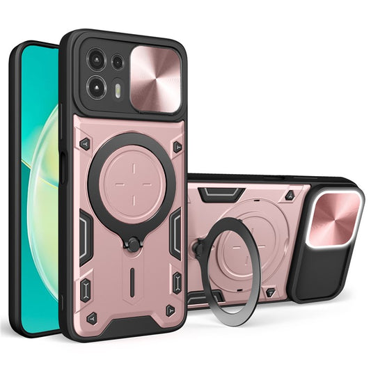 Back Cover for Motorola Edge 20 Lite Slide Camera Lid PC+TPU Phone Case with Ring Kickstand - Pink