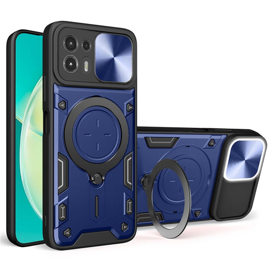 Back Cover for Motorola Edge 20 Lite Slide Camera Lid PC+TPU Phone Case with Ring Kickstand - Blue