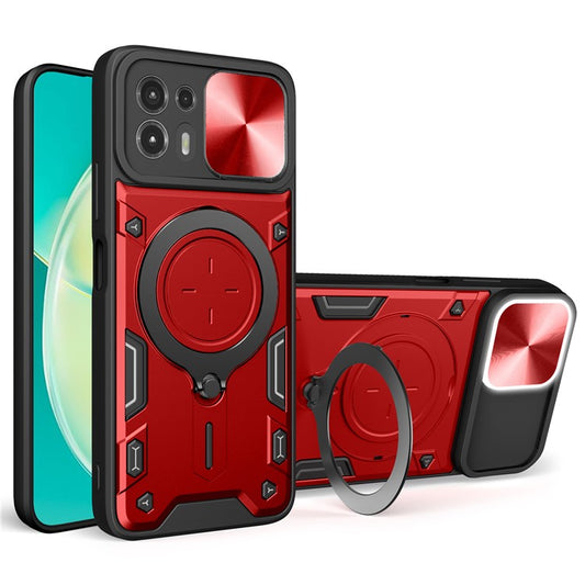 Back Cover for Motorola Edge 20 Lite Slide Camera Lid PC+TPU Phone Case with Ring Kickstand - Red