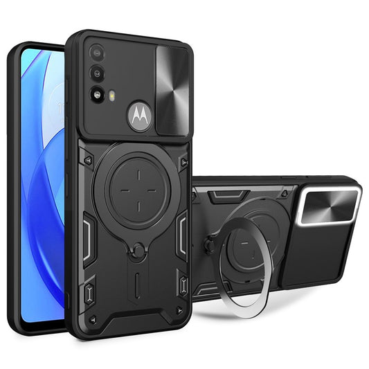 Anti-scratch Cover for Motorola Moto E20 / E30 / E40 Slide Camera Lid PC+TPU Phone Case with Ring Kickstand - Black