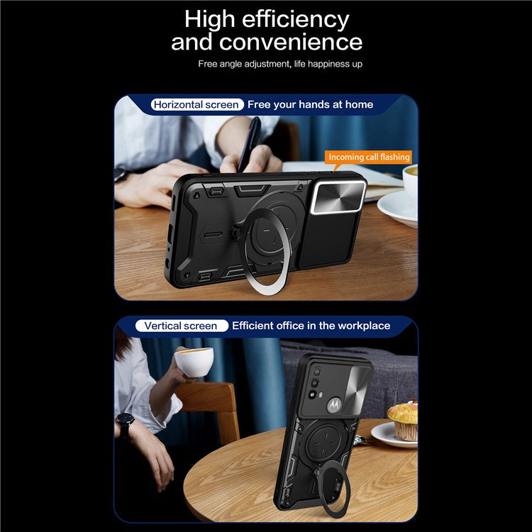 Anti-scratch Cover for Motorola Moto E20 / E30 / E40 Slide Camera Lid PC+TPU Phone Case with Ring Kickstand - Black