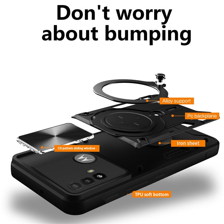 Anti-scratch Cover for Motorola Moto E20 / E30 / E40 Slide Camera Lid PC+TPU Phone Case with Ring Kickstand - Black