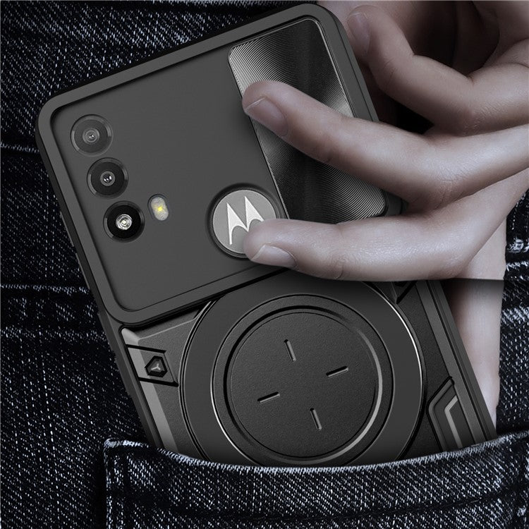 Anti-scratch Cover for Motorola Moto E20 / E30 / E40 Slide Camera Lid PC+TPU Phone Case with Ring Kickstand - Black