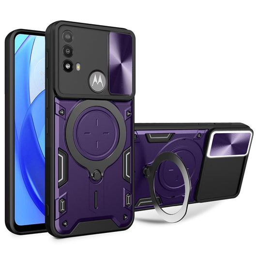 Anti-scratch Cover for Motorola Moto E20 / E30 / E40 Slide Camera Lid PC+TPU Phone Case with Ring Kickstand - Purple