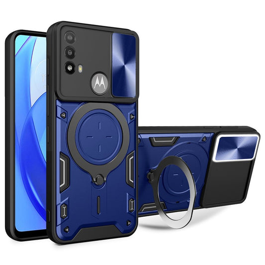 Anti-scratch Cover for Motorola Moto E20 / E30 / E40 Slide Camera Lid PC+TPU Phone Case with Ring Kickstand - Blue