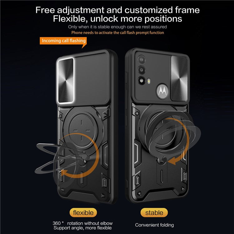 Anti-scratch Cover for Motorola Moto E20 / E30 / E40 Slide Camera Lid PC+TPU Phone Case with Ring Kickstand - Blue