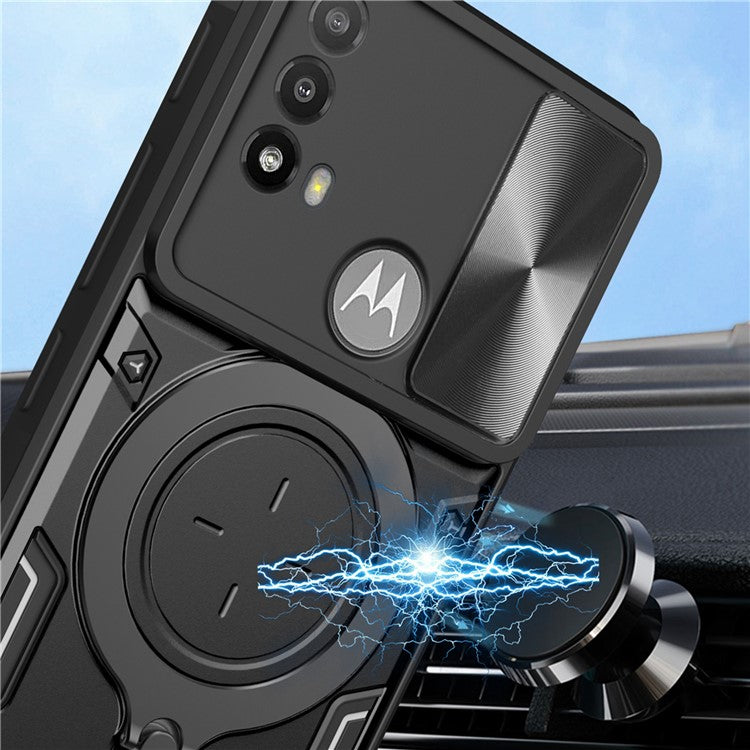 Anti-scratch Cover for Motorola Moto E20 / E30 / E40 Slide Camera Lid PC+TPU Phone Case with Ring Kickstand - Blue