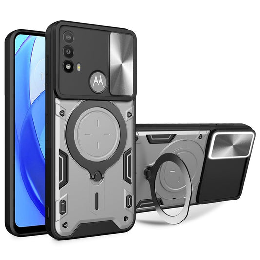 Anti-scratch Cover for Motorola Moto E20 / E30 / E40 Slide Camera Lid PC+TPU Phone Case with Ring Kickstand - Silver