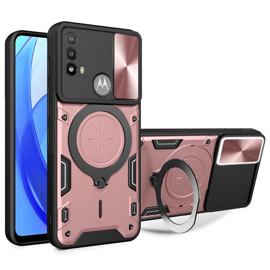 Anti-scratch Cover for Motorola Moto E20 / E30 / E40 Slide Camera Lid PC+TPU Phone Case with Ring Kickstand - Pink
