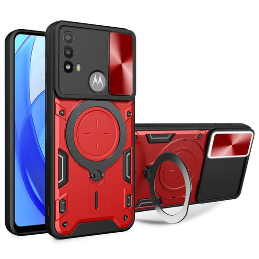 Anti-scratch Cover for Motorola Moto E20 / E30 / E40 Slide Camera Lid PC+TPU Phone Case with Ring Kickstand - Red
