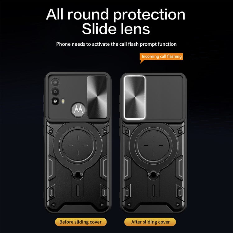 Anti-scratch Cover for Motorola Moto E20 / E30 / E40 Slide Camera Lid PC+TPU Phone Case with Ring Kickstand - Red