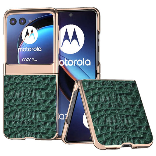 For Motorola Razr 40 Ultra 5G Genuine Cow Leather Coated PC Case Nano Electroplating Canopy Texture Phone Cover - Green
