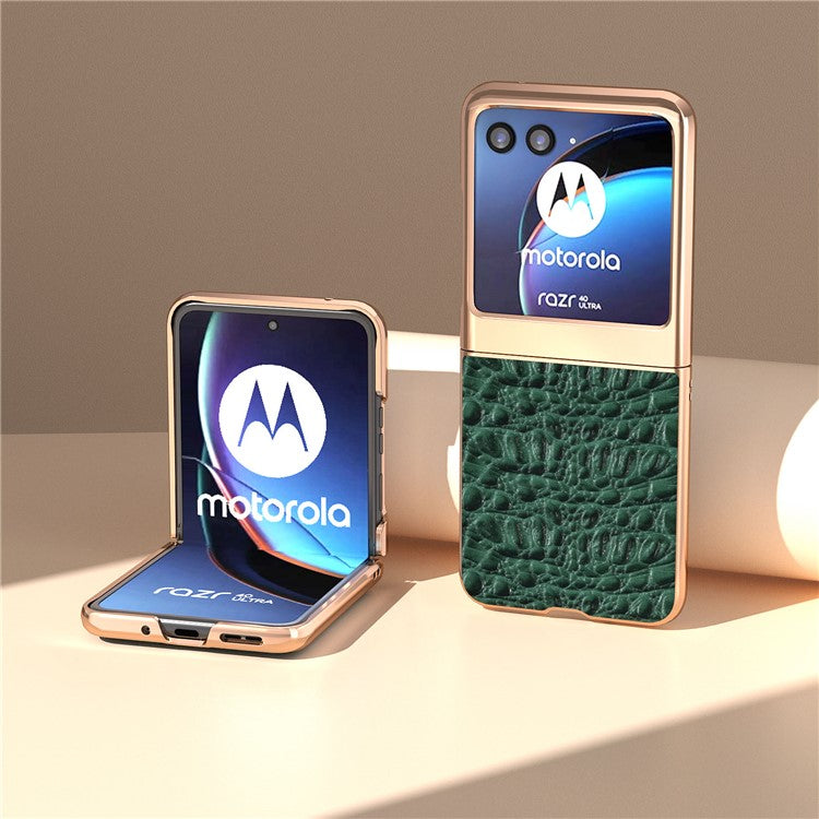 For Motorola Razr 40 Ultra 5G Genuine Cow Leather Coated PC Case Nano Electroplating Canopy Texture Phone Cover - Green