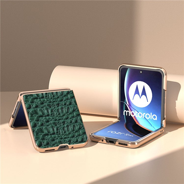 For Motorola Razr 40 Ultra 5G Genuine Cow Leather Coated PC Case Nano Electroplating Canopy Texture Phone Cover - Green