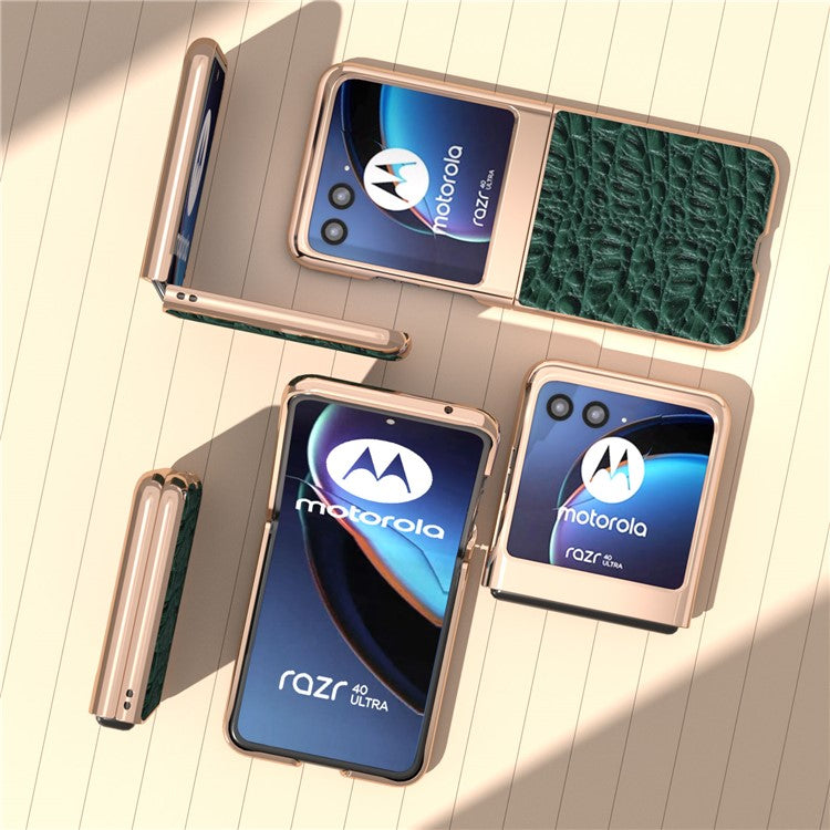 For Motorola Razr 40 Ultra 5G Genuine Cow Leather Coated PC Case Nano Electroplating Canopy Texture Phone Cover - Green