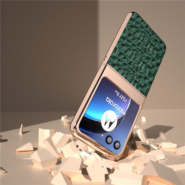 For Motorola Razr 40 Ultra 5G Genuine Cow Leather Coated PC Case Nano Electroplating Canopy Texture Phone Cover - Green