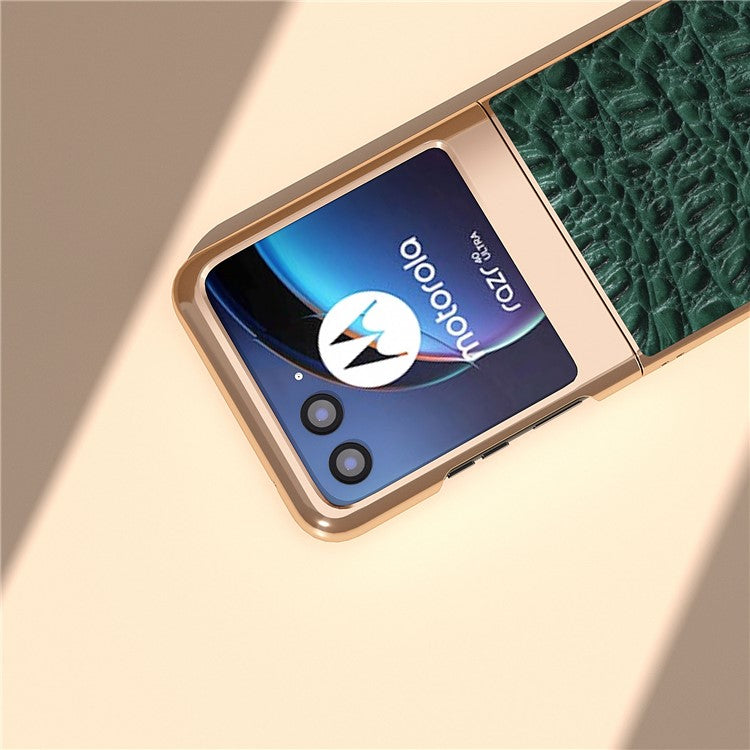 For Motorola Razr 40 Ultra 5G Genuine Cow Leather Coated PC Case Nano Electroplating Canopy Texture Phone Cover - Green