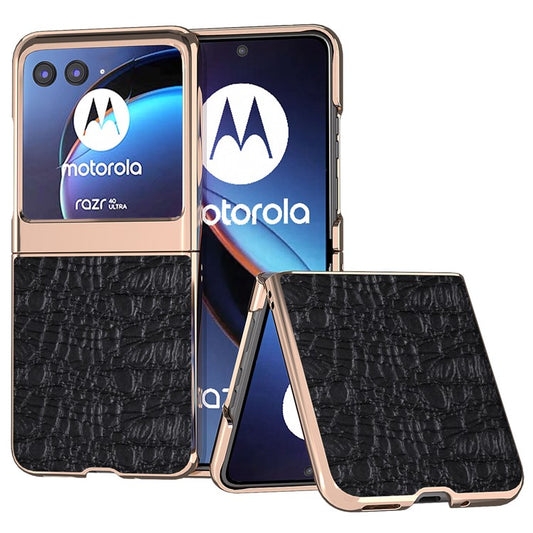 For Motorola Razr 40 Ultra 5G Genuine Cow Leather Coated PC Case Nano Electroplating Canopy Texture Phone Cover - Black