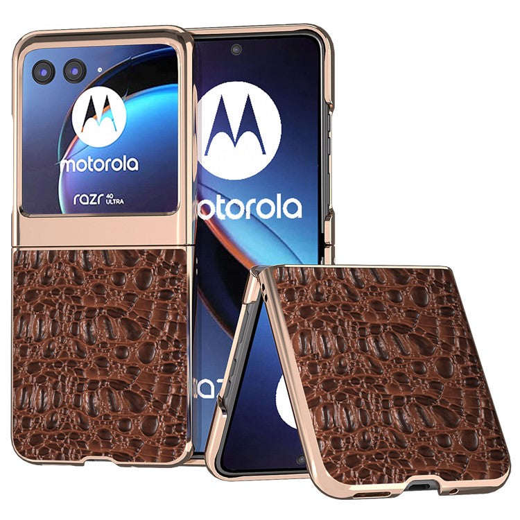 For Motorola Razr 40 Ultra 5G Genuine Cow Leather Coated PC Case Nano Electroplating Canopy Texture Phone Cover - Coffee
