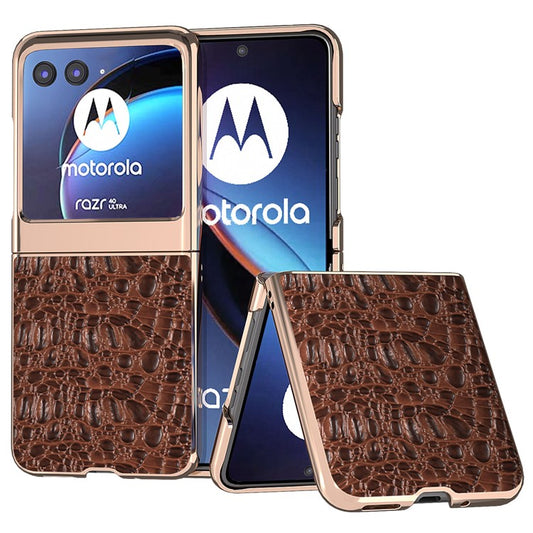 For Motorola Razr 40 Ultra 5G Genuine Cow Leather Coated PC Case Nano Electroplating Canopy Texture Phone Cover - Coffee