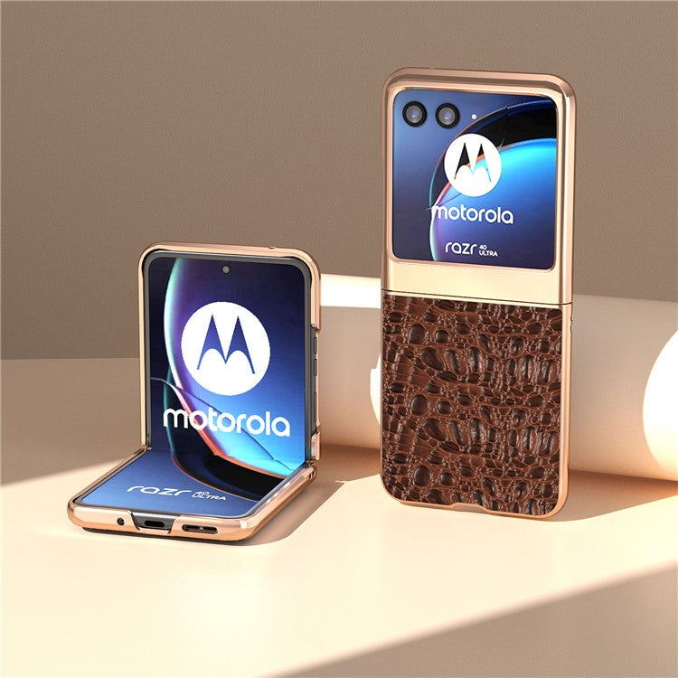 For Motorola Razr 40 Ultra 5G Genuine Cow Leather Coated PC Case Nano Electroplating Canopy Texture Phone Cover - Coffee