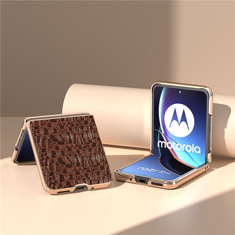 For Motorola Razr 40 Ultra 5G Genuine Cow Leather Coated PC Case Nano Electroplating Canopy Texture Phone Cover - Coffee