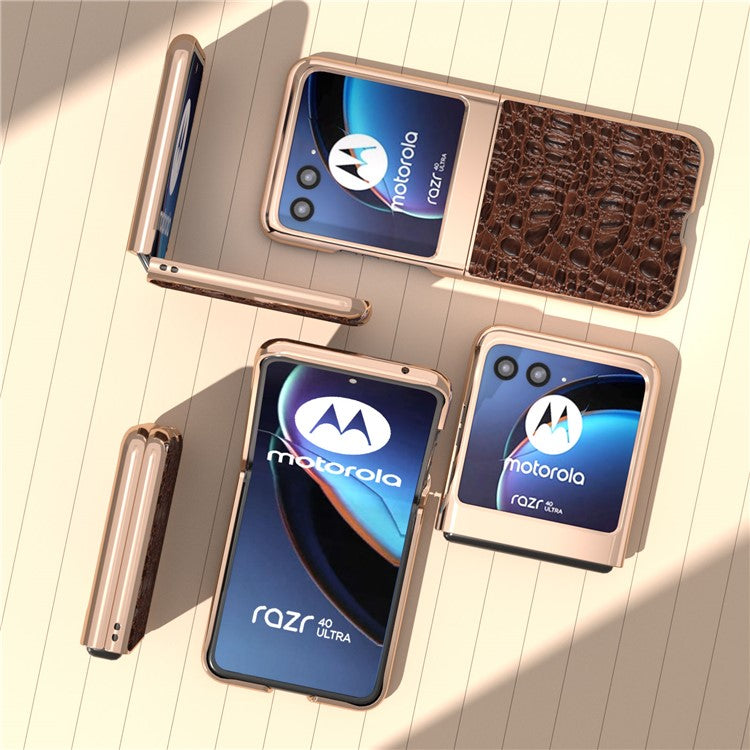 For Motorola Razr 40 Ultra 5G Genuine Cow Leather Coated PC Case Nano Electroplating Canopy Texture Phone Cover - Coffee
