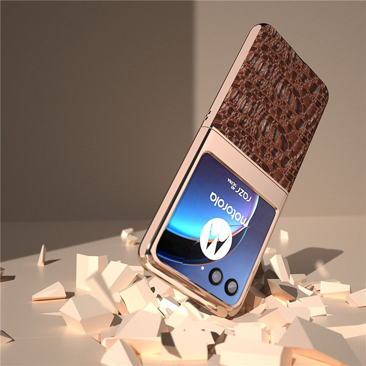 For Motorola Razr 40 Ultra 5G Genuine Cow Leather Coated PC Case Nano Electroplating Canopy Texture Phone Cover - Coffee