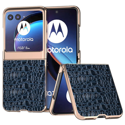 For Motorola Razr 40 Ultra 5G Genuine Cow Leather Coated PC Case Nano Electroplating Canopy Texture Phone Cover - Blue