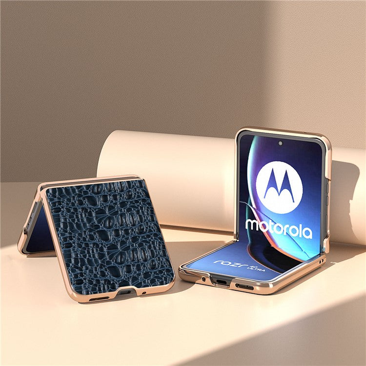 For Motorola Razr 40 Ultra 5G Genuine Cow Leather Coated PC Case Nano Electroplating Canopy Texture Phone Cover - Blue