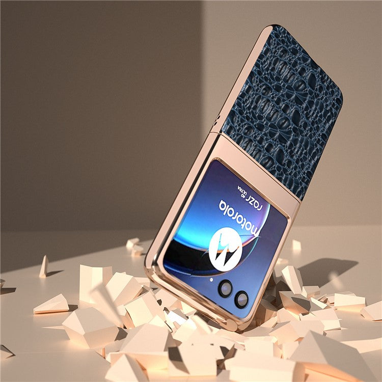 For Motorola Razr 40 Ultra 5G Genuine Cow Leather Coated PC Case Nano Electroplating Canopy Texture Phone Cover - Blue