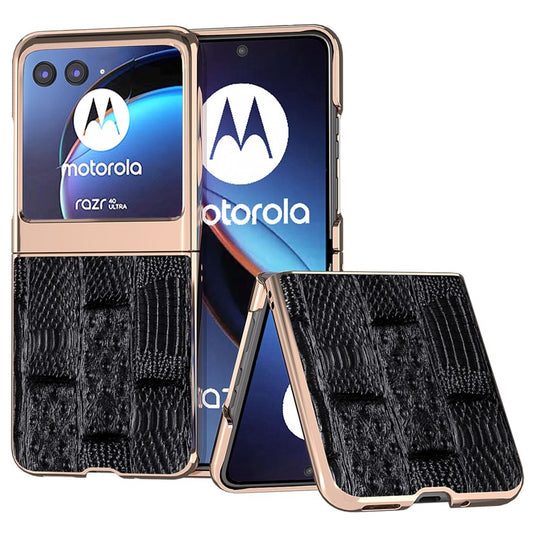 For Motorola Razr 40 Ultra 5G Mahjong Texture Genuine Cow Leather+PC Phone Case Nano Electroplating Phone Cover - Black