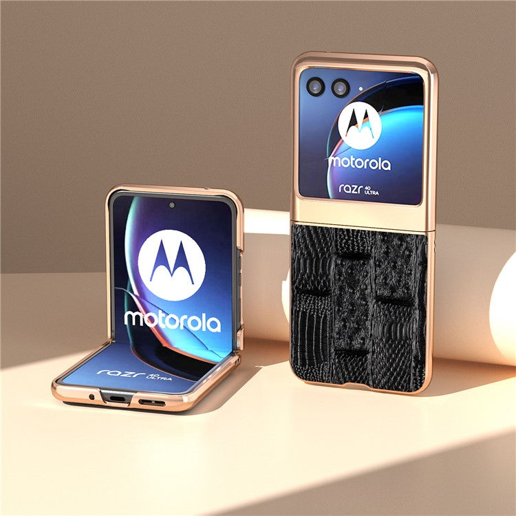 For Motorola Razr 40 Ultra 5G Mahjong Texture Genuine Cow Leather+PC Phone Case Nano Electroplating Phone Cover - Black