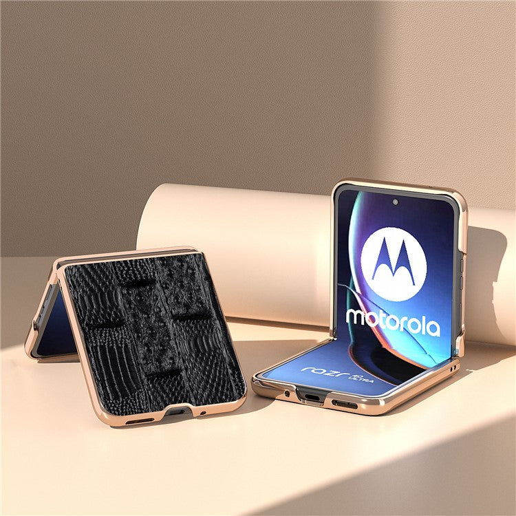 For Motorola Razr 40 Ultra 5G Mahjong Texture Genuine Cow Leather+PC Phone Case Nano Electroplating Phone Cover - Black