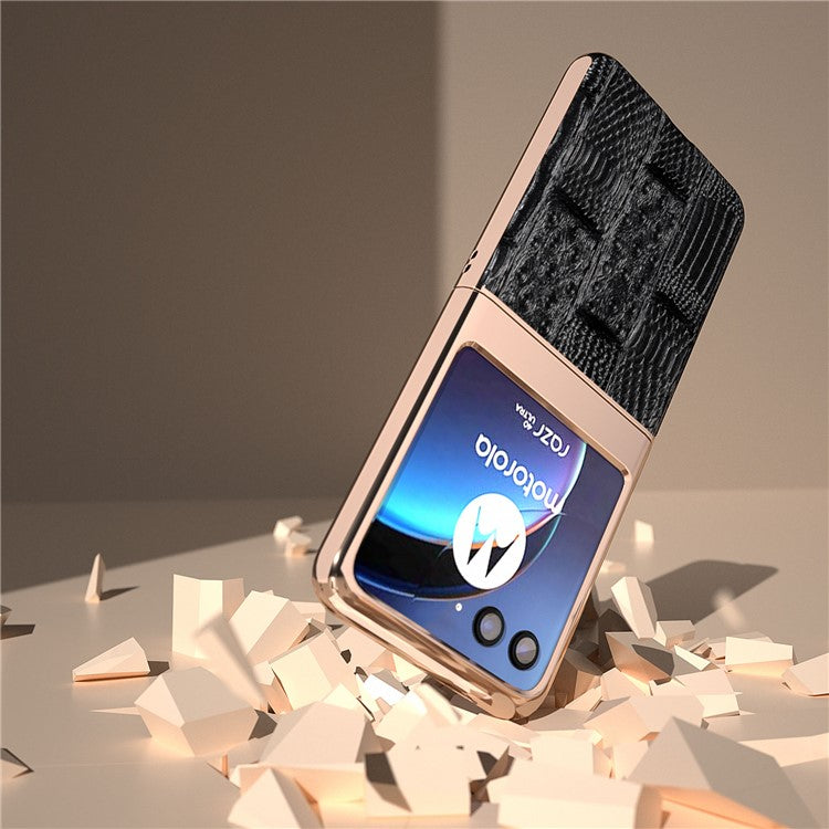 For Motorola Razr 40 Ultra 5G Mahjong Texture Genuine Cow Leather+PC Phone Case Nano Electroplating Phone Cover - Black