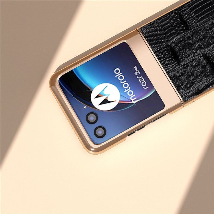 For Motorola Razr 40 Ultra 5G Mahjong Texture Genuine Cow Leather+PC Phone Case Nano Electroplating Phone Cover - Black